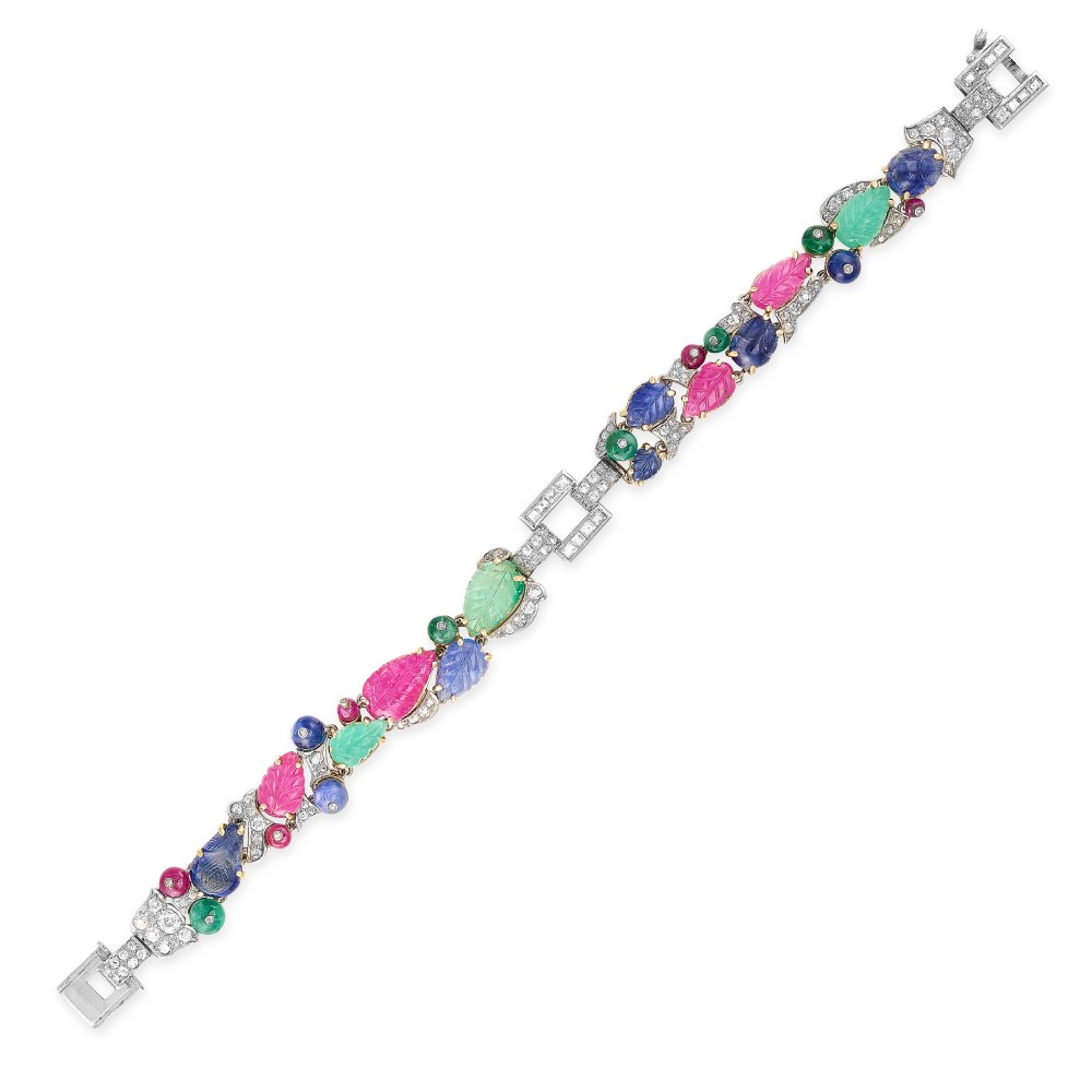 CARTIER, A RARE AND IMPORTANT GEM-SET AND DIAMOND TUTTI FRUTTI BRACELET, EARLY 20TH CENTURY, Cartier tutti frutti, emeralds, sapphires, diamonds, art deo cartier