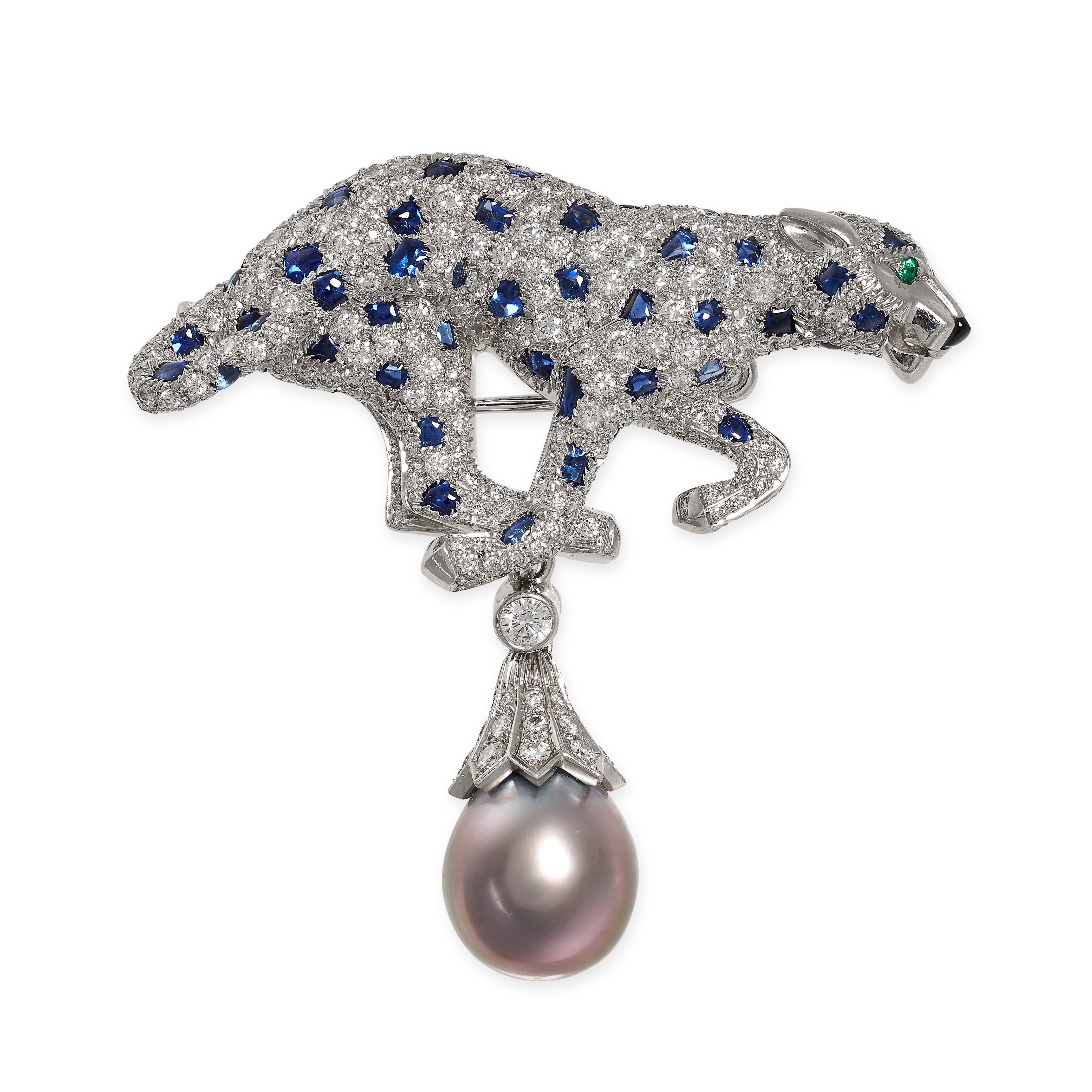 CARTIER, A DIAMOND, SAPPHIRE, EMERALD, ONYX AND PEARL PANTHERE BROOCH / PENDANT, SELL CARTIER AT AUCTION, CARTIER PANTHER, SAPPHIRES AT AUCTION, SELL DIAMONDS